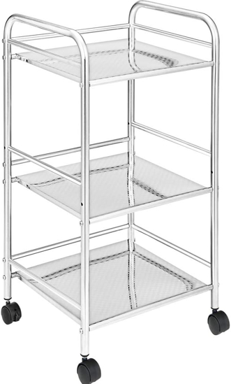 Chromuotas plieninis vezimelis vonios kambariui, virtuvei, kirpejui ar kosmetologui, 4 pasukami ratai, 3 lentynos, matmenys 40 x 35 x 75 cm, daugiafun