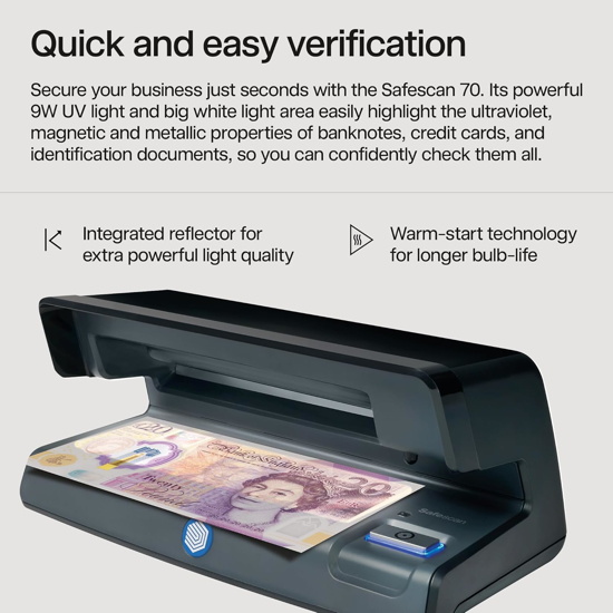 „Safescan 70 Black“ – UV padirbtu pinigu detektorius su LED lempute vandens zenklui ir mikrospaudui aptikti – banknotu, kreditiniu korteliu ir asmens 